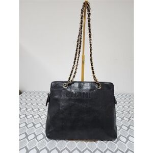 Authentic Chanel Caviar Embroidered Logo Shoulder Bag Black